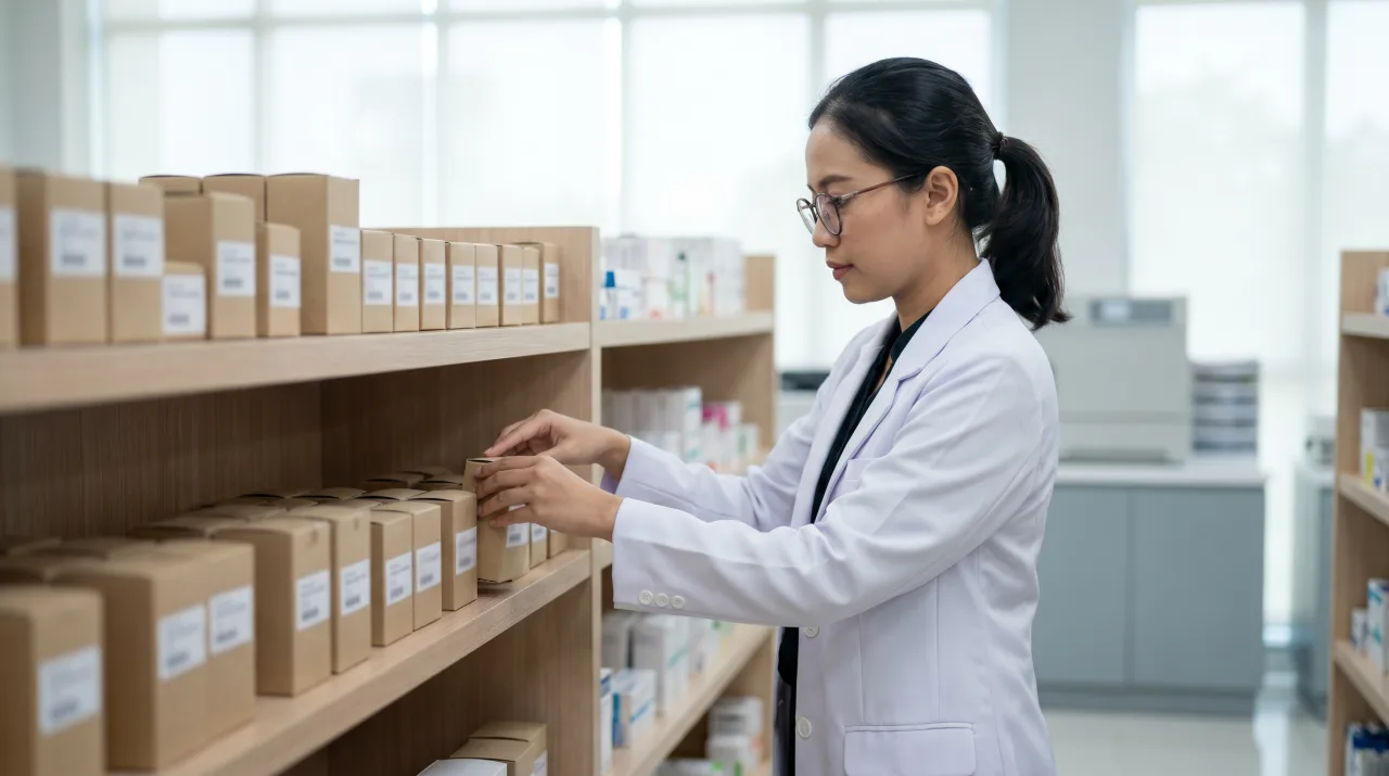 Apoteker menata kotak obat pada rak yang tertata di apotek rumah sakit modern.