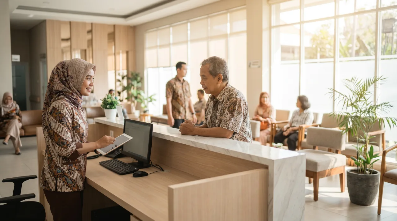 Petugas pendaftaran membantu pasien lansia di meja registrasi klinik yang terang.